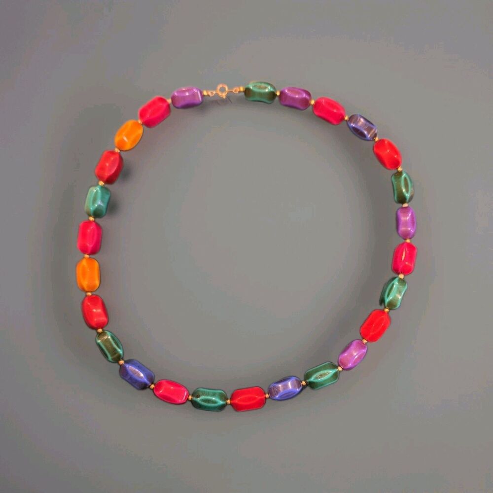 Vintage Multicolor Dyed Agate Bead Necklace Gold Tone Spacers Spring Ring Clasp